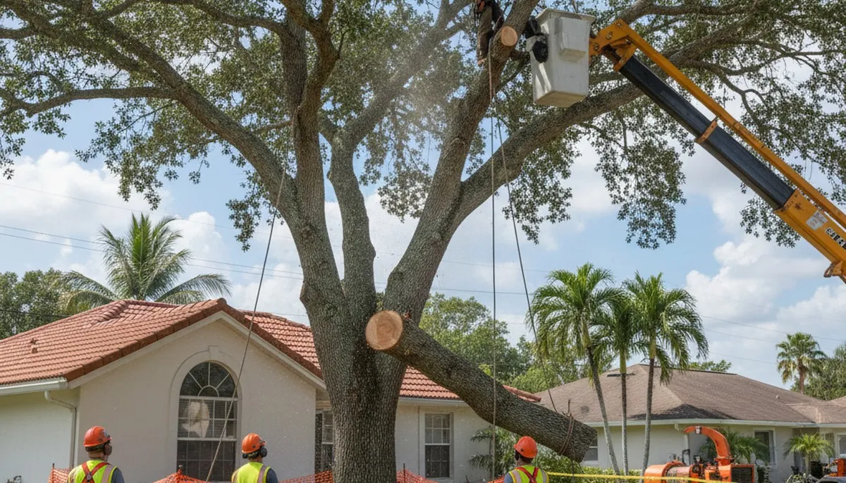 Professional arborists performing safe tree removal with crane in New Port Richey, FL