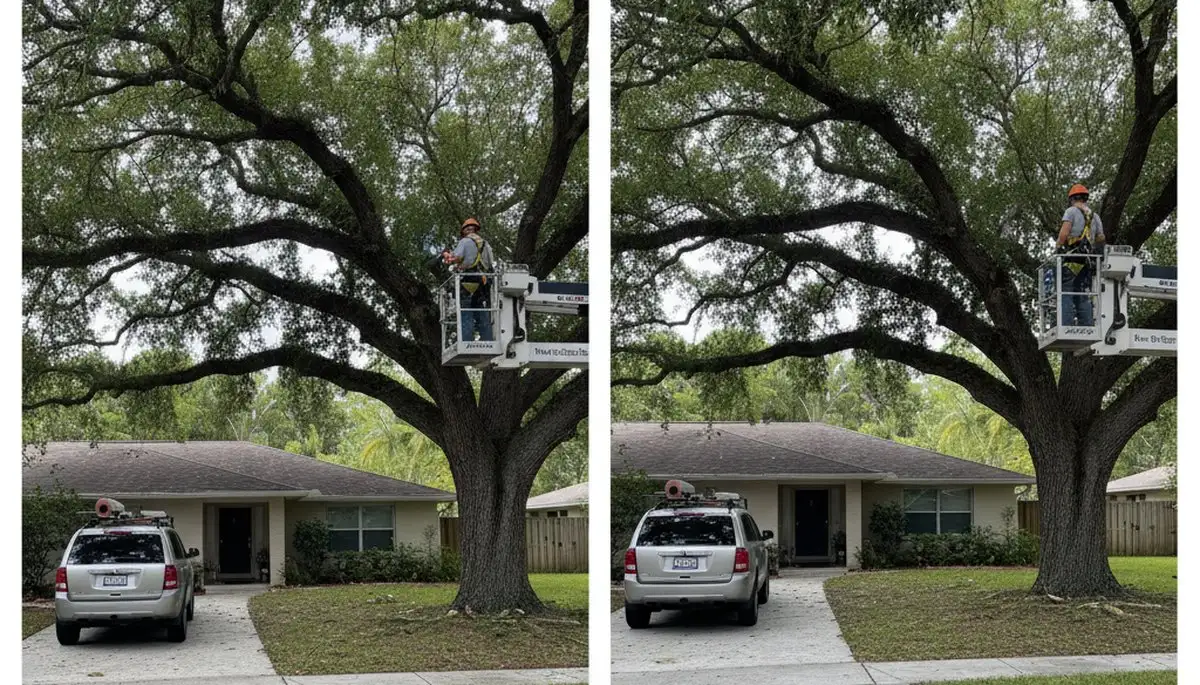 Arborist lifting tree canopy for driveway clearance in New Port Richey FL tree trimming service