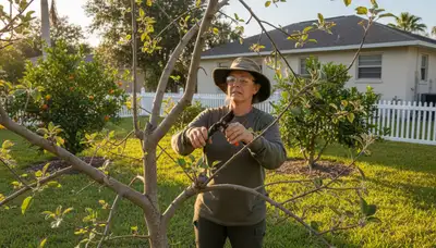 Arborist pruning fruit tree in New Port Richey FL backyard orchard for healthy growth and harvest