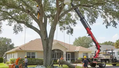 Arborists using bucket truck for large tree removal at New Port Richey, FL home