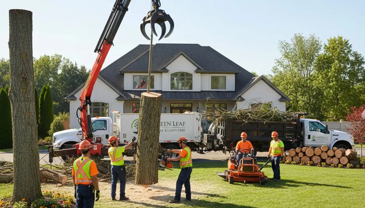 Professional lawn and tree service team working in New Port Richey FL yard maintenance
