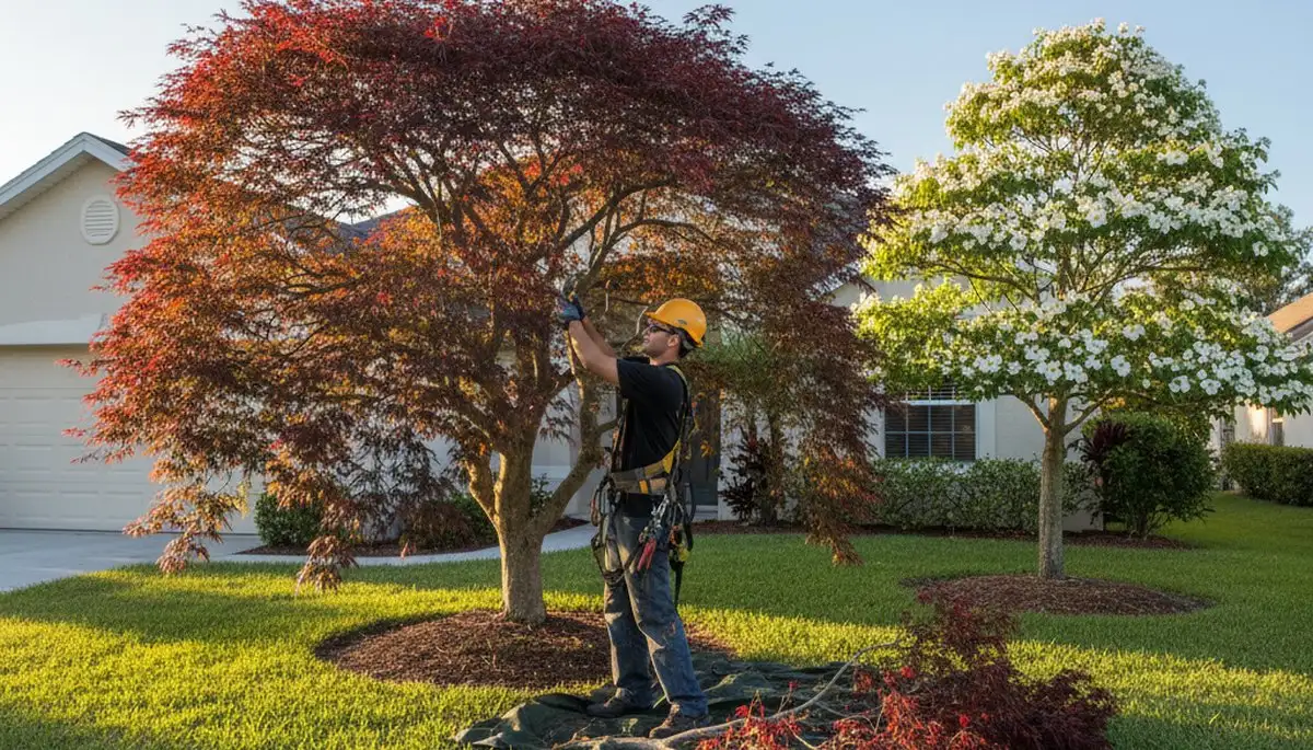 Arborist hand pruning ornamental Japanese maple in New Port Richey FL residential yard for tree health and beauty
