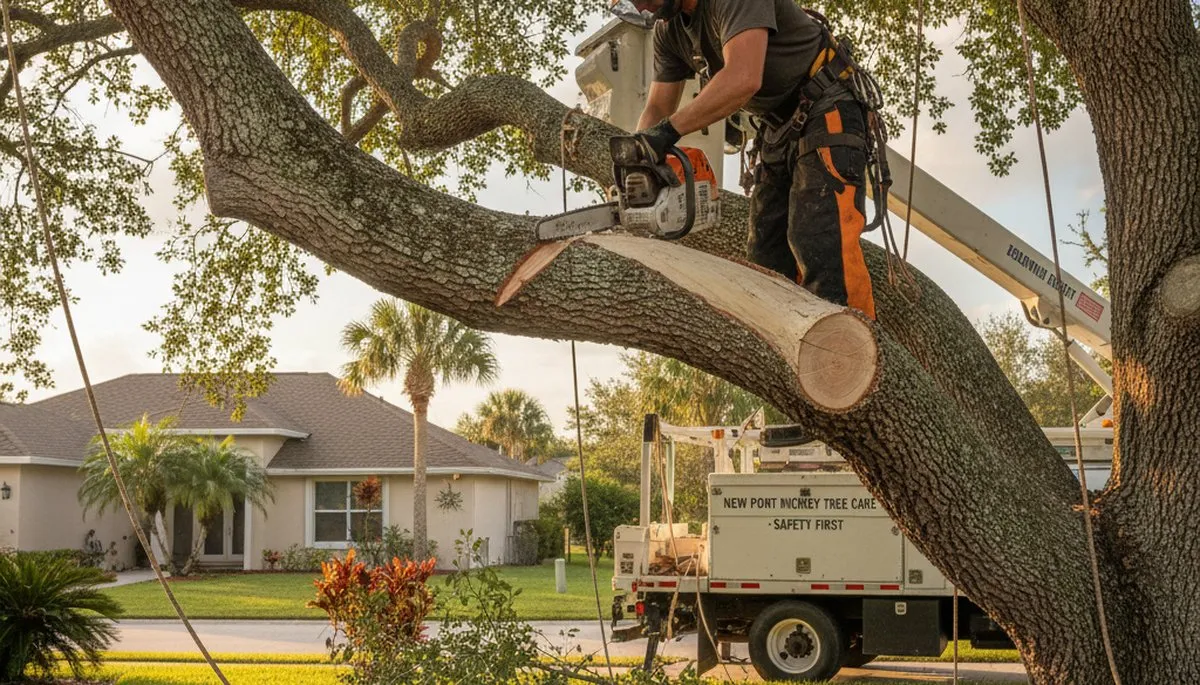 Arborist removing dead branches from mature tree in New Port Richey FL for safe, professional tree care