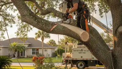 Arborist removing dead branches from mature tree in New Port Richey FL for safe, professional tree care