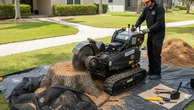Stump grinding equipment removing tree stumps in New Port Richey FL by professional tree service crew