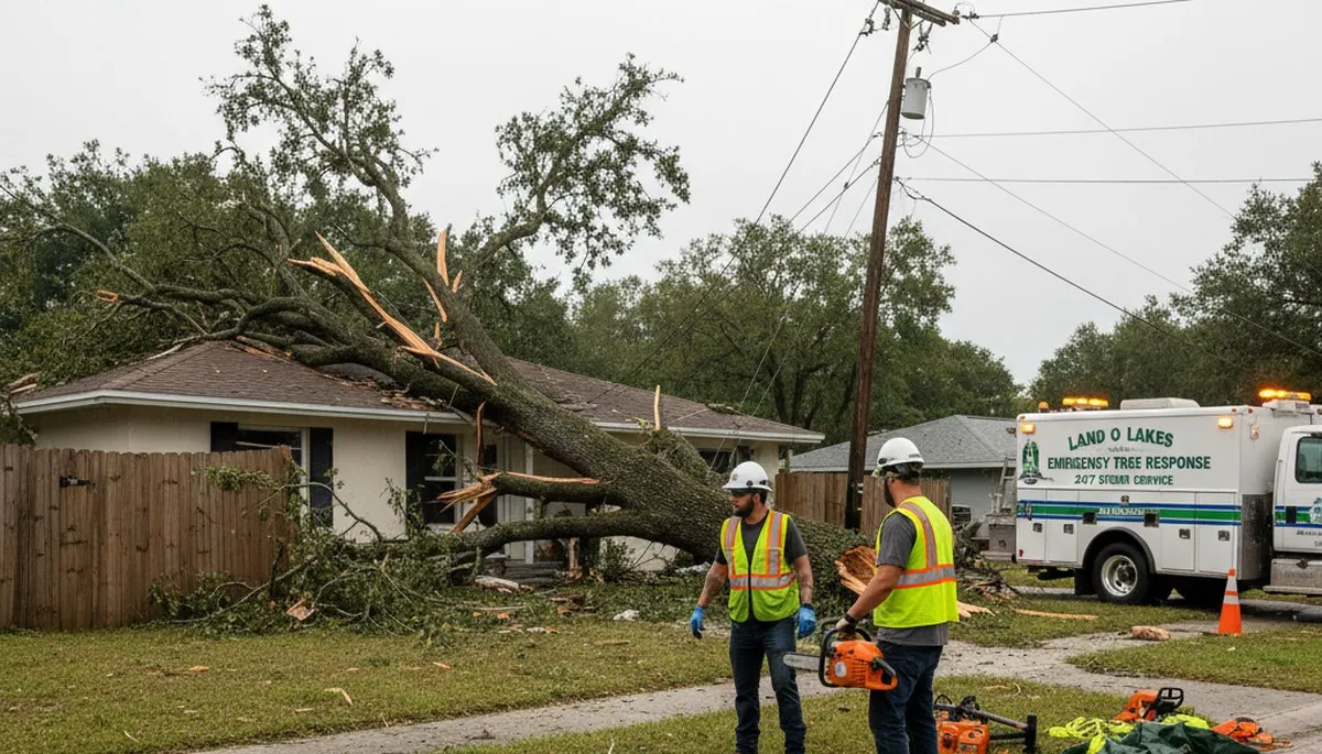 Emergency tree removal crew clearing storm-damaged trees in Land O Lakes, FL after severe weather