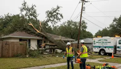 Emergency tree removal crew clearing storm-damaged trees in Land O Lakes, FL after severe weather
