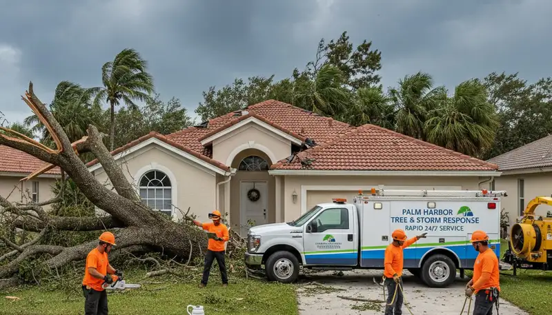 Emergency tree removal crew clearing storm-damaged trees in New Port Richey, FL after severe weather