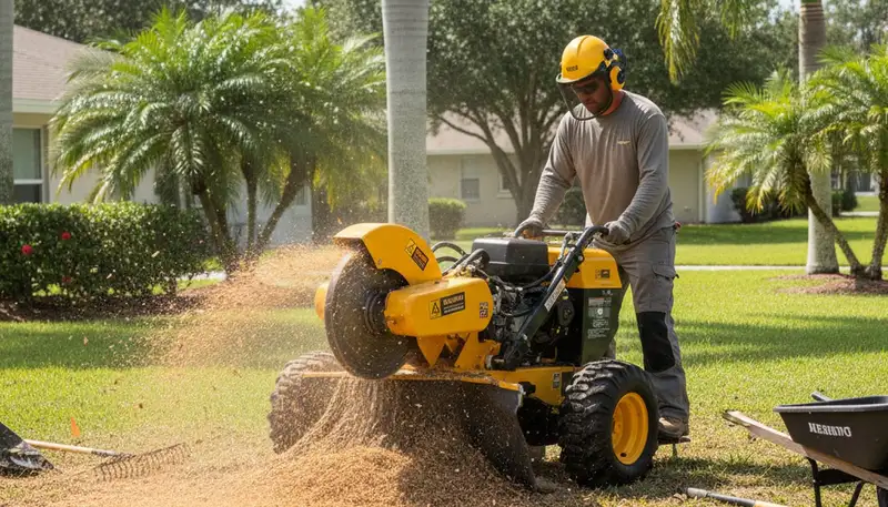 Professional stump grinding service removing tree stumps in New Port Richey, FL yard