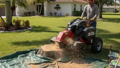 Professional stump grinding service removing tree stumps in New Port Richey, FL yard