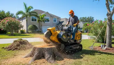 Professional stump grinding service removing tree stumps in Tarpon Springs, FL yard