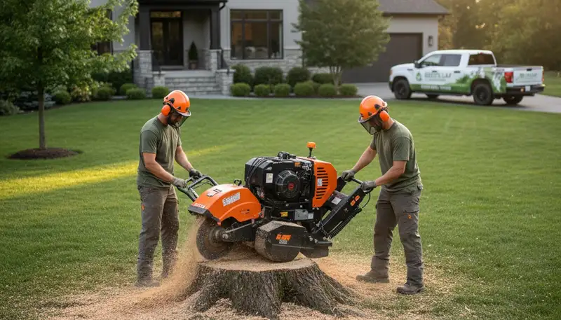 Arborist performing stump grinding after tree removal in New Port Richey, FL