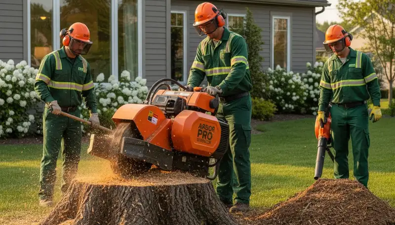 Arborist performing stump removal in New Port Richey FL using grinder for clean, safe yard restoration