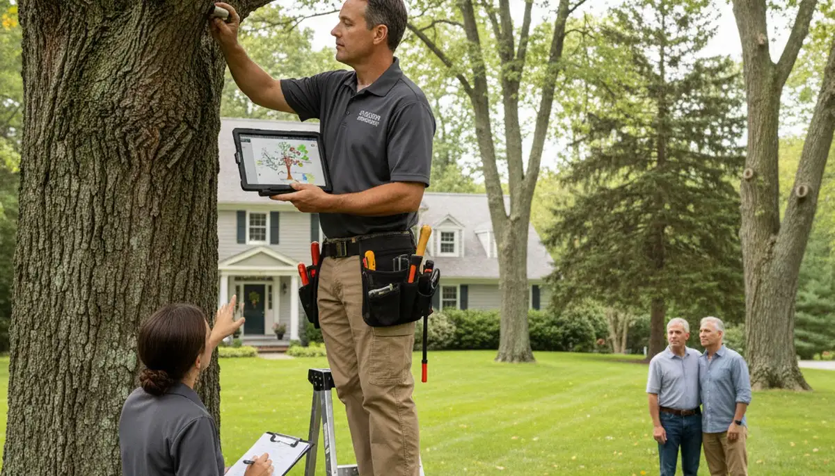 Certified arborist performing tree health assessment for homeowners in Hudson, FL near New Port Richey