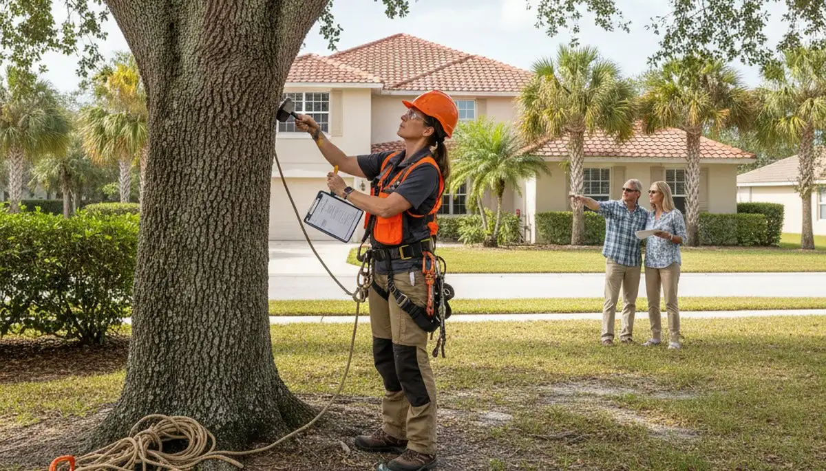 Certified arborist performing tree health assessment for homeowners in Land O Lakes, FL