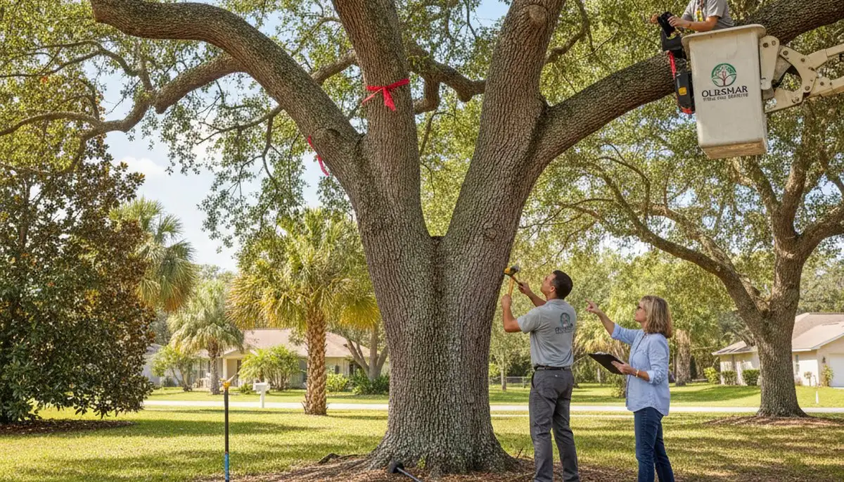 Certified arborist performing tree health assessment for homeowners in New Port Richey, FL
