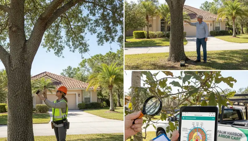 Certified arborist performing tree health assessment for homeowners in New Port Richey, FL