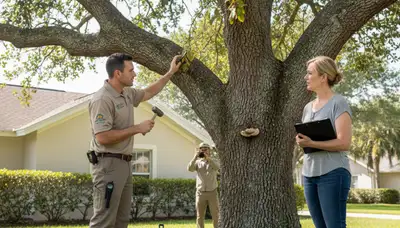 Certified arborist performing tree health assessment for homeowners in New Port Richey, FL