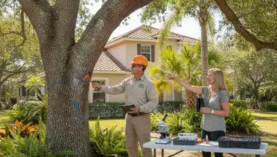 Certified arborist performing tree health assessment for homeowners in Tarpon Springs, FL