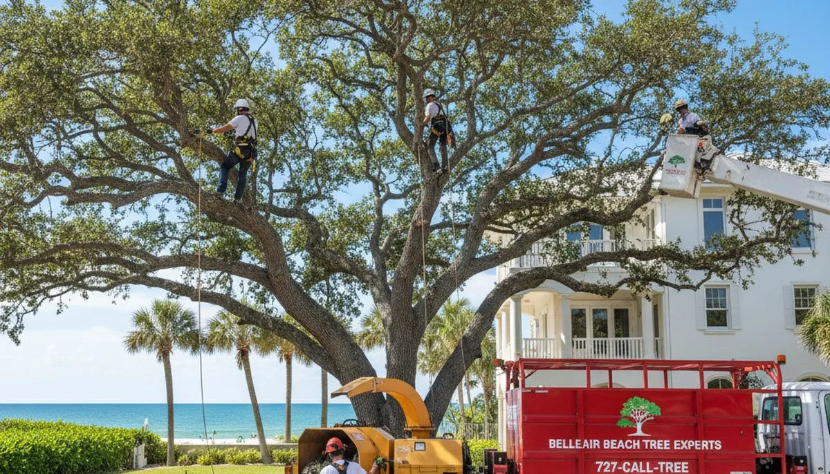 Professional tree removal service team in New Port Richey FL safely cutting large oak tree