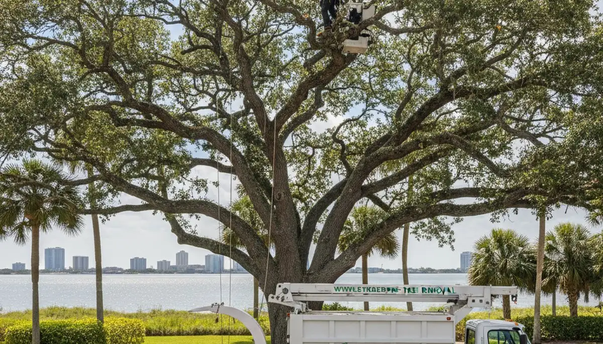 Professional tree removal service in New Port Richey FL safely clearing large oak trees