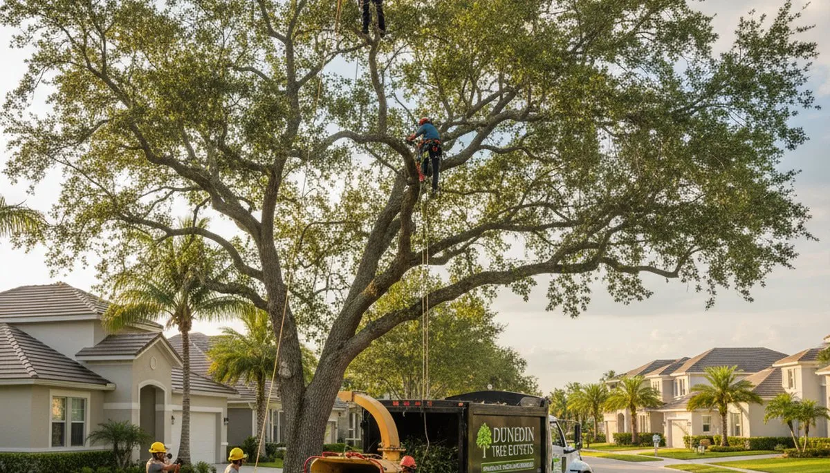 Professional tree removal service in New Port Richey FL safely clearing large oak trees