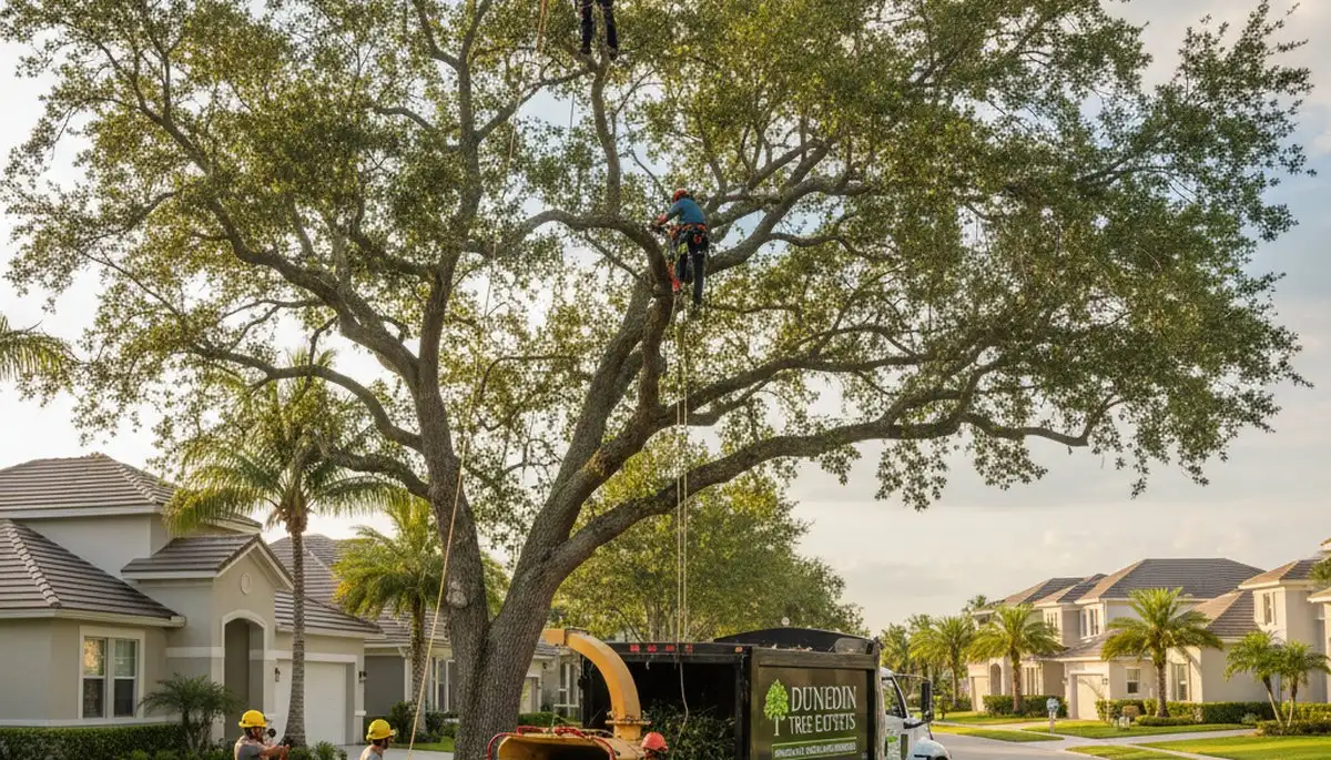 Professional tree removal service in New Port Richey FL safely clearing large oak trees