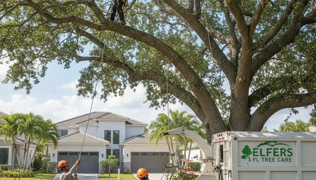 Professional tree removal service crew in New Port Richey FL safely cutting large oak tree