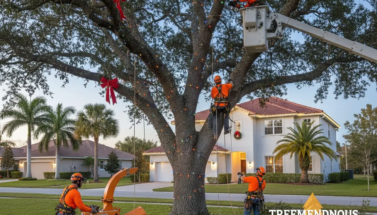 Professional tree removal service team in New Port Richey, FL safely cutting large oak tree