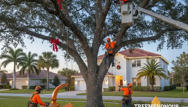Professional tree removal service team in New Port Richey, FL safely cutting large oak tree