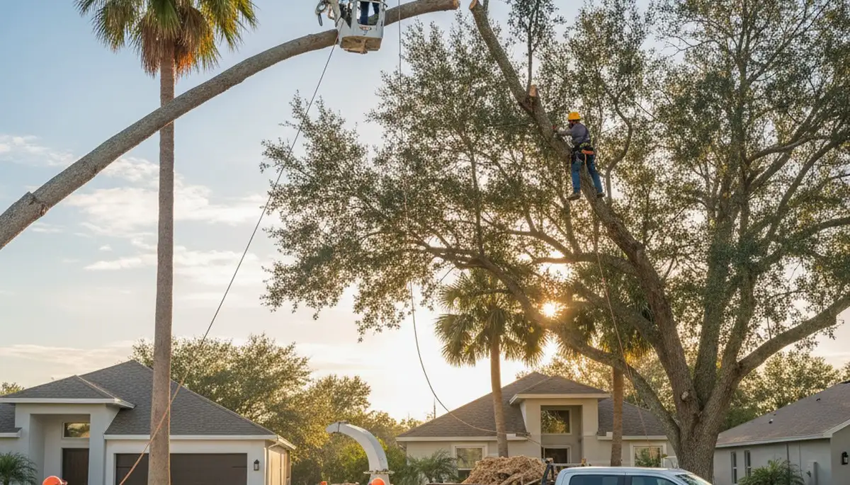 Professional tree removal service crew in New Port Richey FL safely cutting and clearing large trees